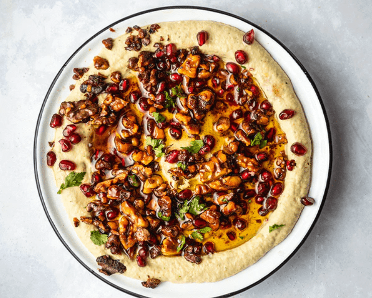 Baba Ghanoush with Fried Walnuts & Pomegranate Seeds