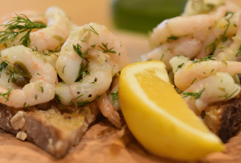 Olio Nuovo Bay Shrimp Tartines