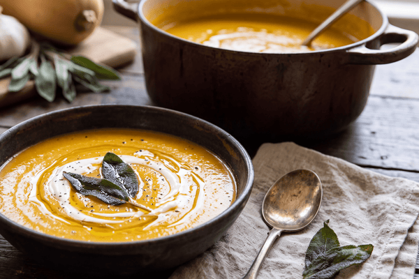 Savory Butternut Squash Soup with Crispy Sage & Garlic Olive Oil