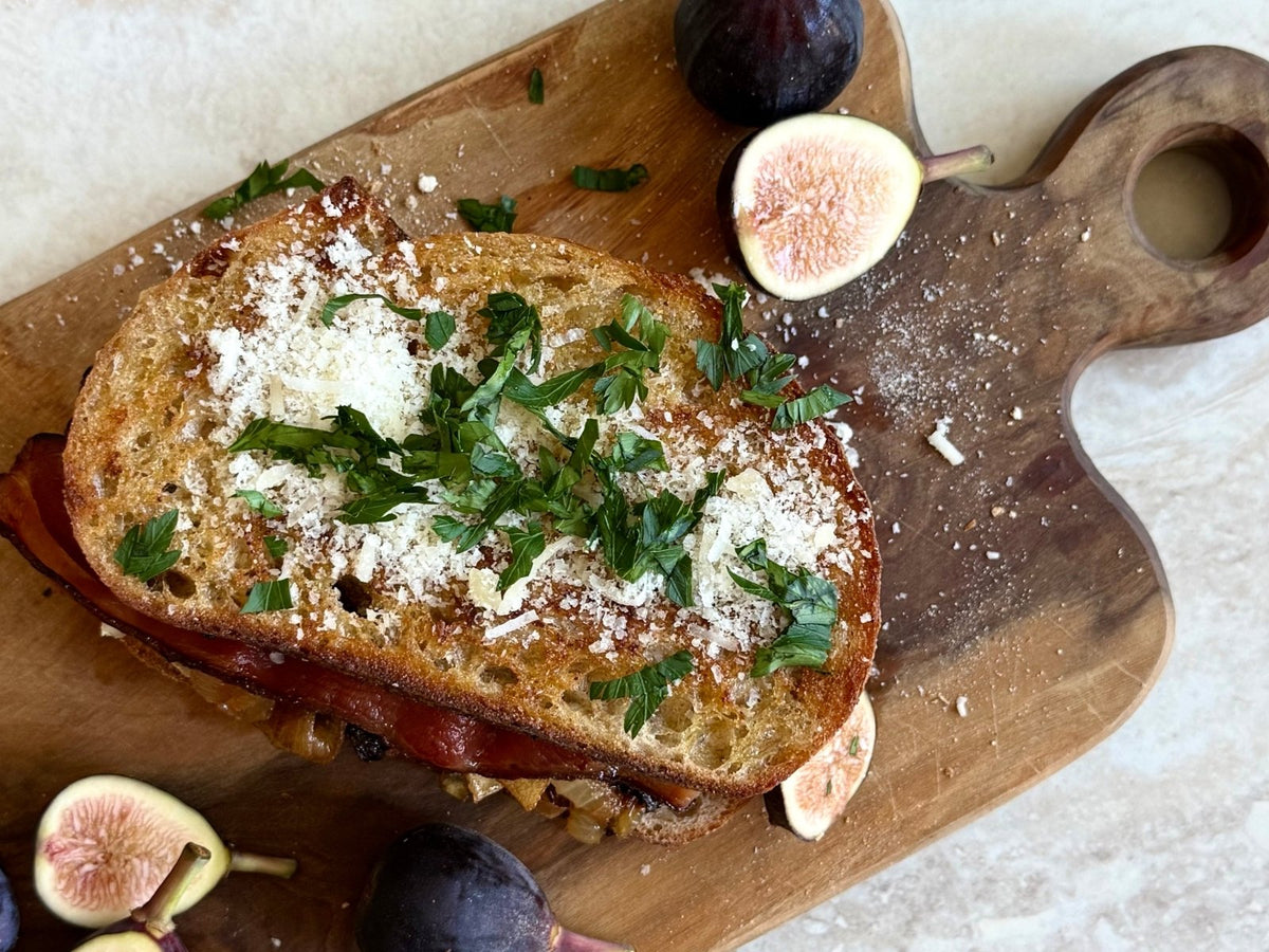 Fig and Brie Grilled Cheese with Bacon, Caramelized Onions, and McEvoy Ranch Fig Bruschetta