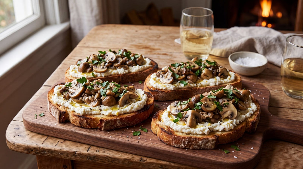 Wild Mushroom Toasts with Lemony Ricotta & Garlic Olive Oil