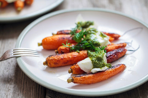 ROASTED CARROTS WITH PESTO OVER LABNE