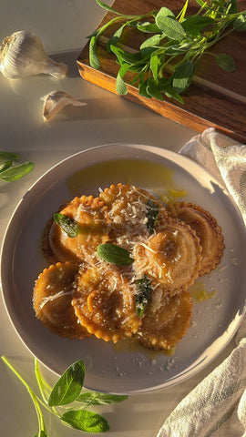 BUTTERNUT SQUASH RAVIOLI WITH BROWN BUTTER SAGE & GARLIC SAUCE