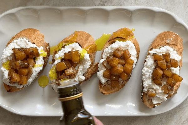 Ricotta Crostini with Spiced Butternut Squash and Organic Ginger Turmeric Olive Oil