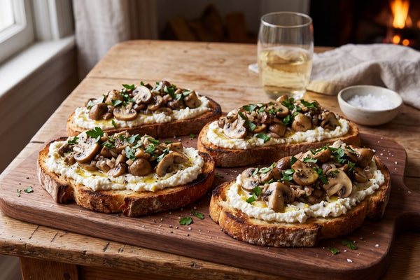 Wild Mushroom Toasts with Lemony Ricotta & Garlic Olive Oil